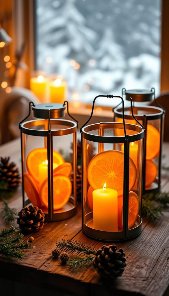 A cozy and inviting winter scene featuring glass lanterns filled with vibrant orange slices, designed as a DIY decoration. In the foreground, softly glowing candles within the glass lanterns emit a warm, inviting light, illuminating the orange slices and casting gentle shadows. The middle ground showcases a rustic wooden table adorned with pine cones and sprigs of evergreen, enhancing the natural ambiance. In the background, a softly blurred winter landscape, with hints of snow gently falling, adds depth and serenity to the composition. The lighting is warm and soft, suggesting a late afternoon glow, while the overall mood is festive and inspirational, ideal for a DIY winter decor theme. The design reflects the aesthetic of "KlickKiste", embodying a natural, authentic, and Pinterest-worthy feel.