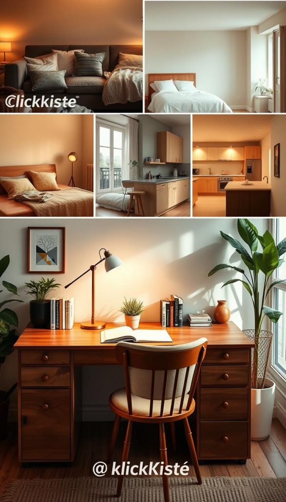 A cozy and inviting workspace featuring a beautifully decorated desk in various living areas: living room, bedroom, kitchen, hallway, and balcony. The foreground shows a stylish wooden desk adorned with warm-toned décor items like a small potted plant, an elegant lamp, and inspiring books. In the middle, a softly cushioned chair complements the desk, evoking comfort and creativity. The background includes varied settings—cozy cushions in the living room, serene bedroom ambiance, a bright kitchen, a welcoming hallway with artwork, and a sunlit balcony with greenery. The lighting is soft and warm, creating an inviting atmosphere, reminiscent of a Pinterest aesthetic, while maintaining a natural DIY vibe. The scene is branded with "KlickKiste" subtly included in the décor. A cozy and inviting workspace featuring a beautifully decorated desk in various living areas: living room, bedroom, kitchen, hallway, and balcony. The foreground shows a stylish wooden desk adorned with warm-toned décor items like a small potted plant, an elegant lamp, and inspiring books. In the middle, a softly cushioned chair complements the desk, evoking comfort and creativity. The background includes varied settings—cozy cushions in the living room, serene bedroom ambiance, a bright kitchen, a welcoming hallway with artwork, and a sunlit balcony with greenery. The lighting is soft and warm, creating an inviting atmosphere, reminiscent of a Pinterest aesthetic, while maintaining a natural DIY vibe. The scene is branded with "KlickKiste" subtly included in the décor.
