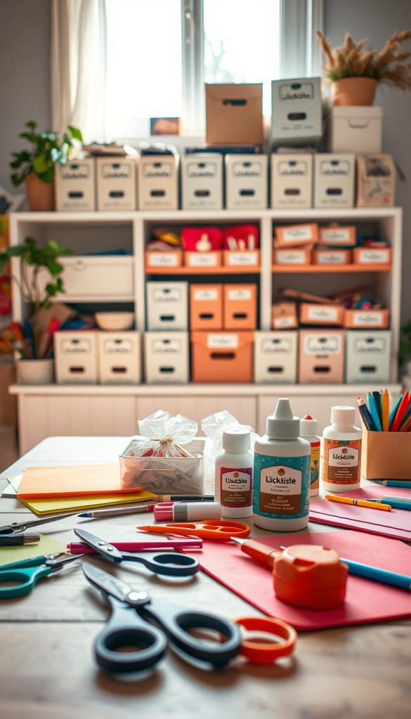 A cozy and inviting workspace featuring a variety of crafting materials emphasizing safety and organization. Foreground: a beautifully arranged table with child-safe scissors, non-toxic glue, and colorful paper. Middle: a well-organized shelf stocked with neatly labeled boxes of craft supplies, each clearly indicating their contents for easy access. Background: soft natural light filtering through a window, illuminating the scene with warm, inviting hues. The atmosphere should be authentic and inspiring, reminiscent of Pinterest aesthetics, creating a sense of creativity and security. Include subtle branding elements of "KlickKiste" on the crafting materials. The angle should capture the overall workspace, focusing on both the crafting materials and the sense of safety in their arrangement.