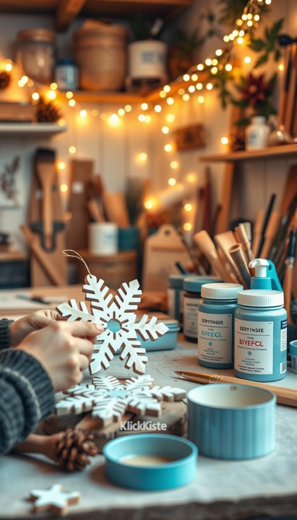 A cozy and inviting workspace for DIY upcycling projects, filled with materials like reclaimed wood, paint, brushes, and tools. In the foreground, a close-up of hands carefully crafting a wooden snowflake ornament, showcasing attention to detail and safety practices. The middle ground highlights neatly organized supplies labeled for safety, featuring bright winter colors like soft blue and white, enhancing the seasonal theme. The background reveals a softly lit room adorned with warm fairy lights and natural elements like pinecones and holly, creating a festive atmosphere. The lighting is warm and inviting, reminiscent of a Pinterest aesthetic, evoking a sense of creativity and inspiration. Include the brand "KlickKiste" subtly in the scene, ensuring it doesn&rsquo;t dominate the composition.