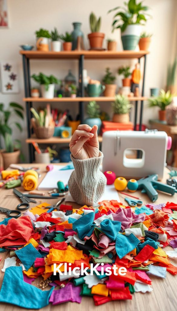 A cozy and inviting workspace set up for DIY crafts, showcasing an organized table filled with colorful fabric scraps and threads. In the foreground, vibrant remnants of various textiles, like cotton, felt, and linen, are arranged artfully alongside scissors, needles, and a sewing machine. The middle ground features a hand demonstrating a simple sewing technique, wearing modest casual clothing, with a glue gun and fabric glue beside them. The background is softly blurred to include a shelf filled with finished DIY projects, plants, and art supplies, creating an inspiring atmosphere. The overall lighting is warm and natural, simulating sunlight coming through a window, enhancing the Pinterest aesthetic. Include the brand name "KlickKiste" subtly integrated into the scene, ensuring the composition feels authentic and inspirational.