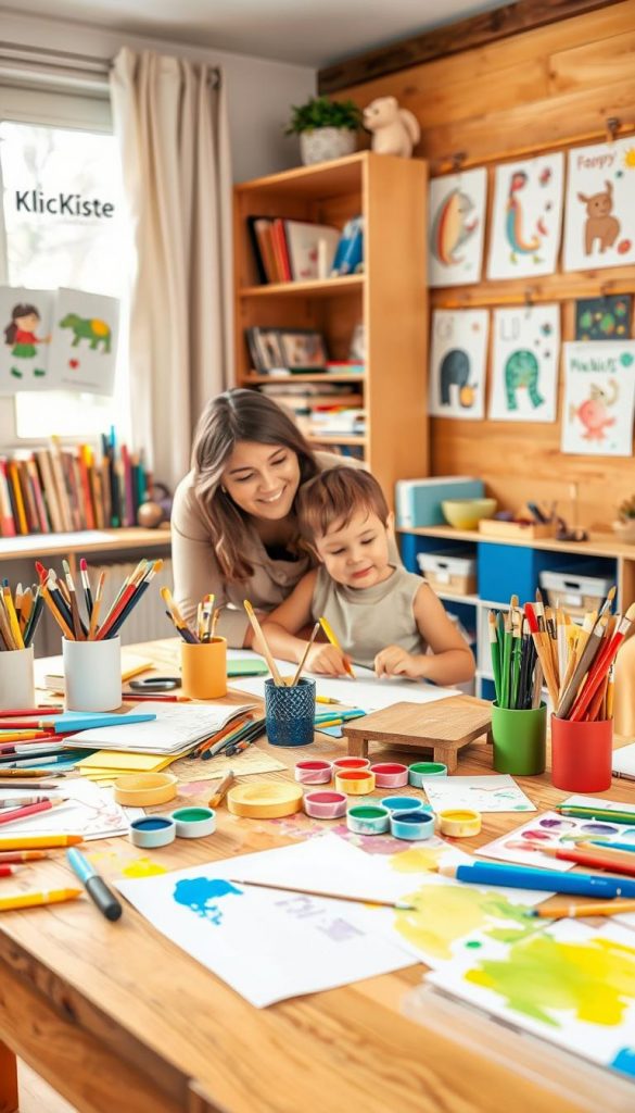 A cozy and inviting workspace showcasing a colorful array of children's art supplies. In the foreground, a cheerful wooden table is cluttered with paintbrushes, vibrant watercolor paints, and an assortment of paper in various textures. To the left, a friendly adult, dressed in a comfortable, modest outfit, is engaged in guiding a child through a simple painting project, both focused and smiling. The middle ground presents an organized shelf filled with art tools and illustrated books, implying planning and creativity. The background features a well-lit, warm-toned room adorned with children's artwork hanging on the walls, creating an inspiring atmosphere. Soft, natural lighting filters through a window, enhancing the artistic vibe. Incorporate the brand name "KlickKiste" subtly in the scene. The mood is warm, encouraging, and filled with the joy of creative exploration.