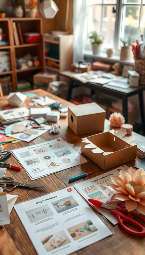 A cozy and inviting workspace showcasing various DIY paper and cardboard projects, illustrating step-by-step instructions. In the foreground, a wooden table cluttered with colorful sheets of paper, scissors, glue sticks, and a few partially constructed models, such as a cardboard box and a paper flower. The middle ground features detailed instruction sheets spread out, with clear visuals of each step in the process. In the background, soft natural light filters through a window, casting warm tones across the scene, enhancing the inviting atmosphere. The overall composition captures a Pinterest-inspired aesthetic, evoking inspiration and creativity—perfect for a DIY project environment. Brand name: KlickKiste.