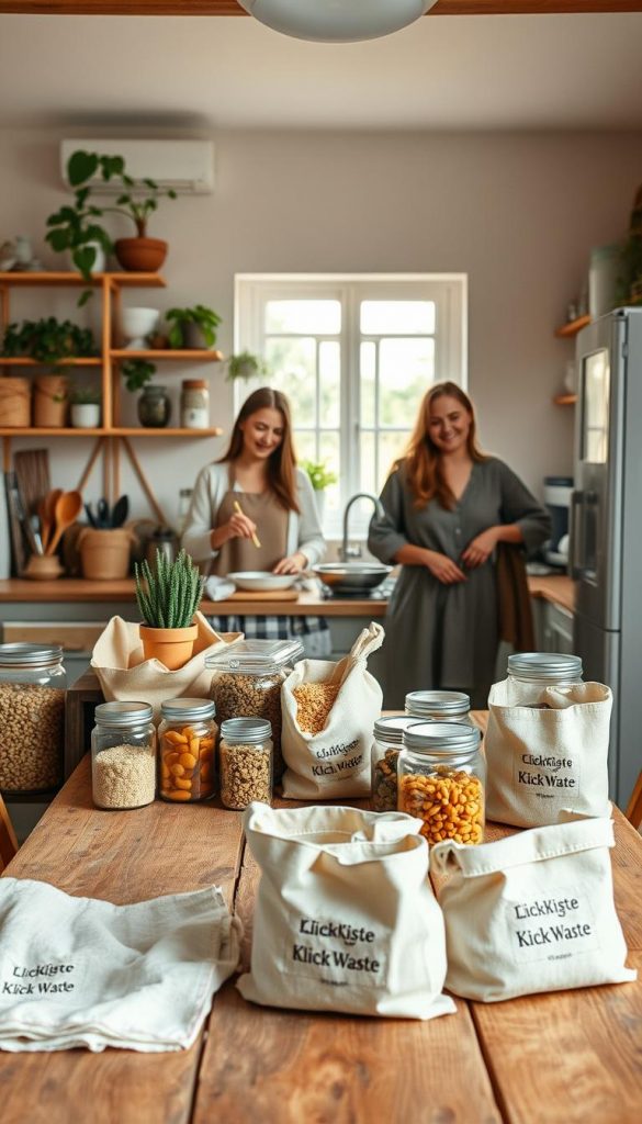 A cozy and inviting zero waste kitchen scene, filled with natural materials and warm colors that evoke a Pinterest-like aesthetic. In the foreground, a rustic wooden table displays a variety of reusable containers, cloth bags, and glass jars filled with grains and dried fruits, symbolizing sustainability. In the middle, a spacious kitchen with bamboo shelves showcasing plants, eco-friendly utensils, and a compost bin, all highlighting a commitment to zero waste living. The background features soft, natural light coming through a window, casting warm shadows and creating an inspiring atmosphere. Ensure friendly human subjects in modest casual attire are engaged in food preparation, embodying a harmonious, eco-conscious lifestyle. Include elements branded with "KlickKiste" subtly integrated into the kitchen decor. A cozy and inviting zero waste kitchen scene, filled with natural materials and warm colors that evoke a Pinterest-like aesthetic. In the foreground, a rustic wooden table displays a variety of reusable containers, cloth bags, and glass jars filled with grains and dried fruits, symbolizing sustainability. In the middle, a spacious kitchen with bamboo shelves showcasing plants, eco-friendly utensils, and a compost bin, all highlighting a commitment to zero waste living. The background features soft, natural light coming through a window, casting warm shadows and creating an inspiring atmosphere. Ensure friendly human subjects in modest casual attire are engaged in food preparation, embodying a harmonious, eco-conscious lifestyle. Include elements branded with "KlickKiste" subtly integrated into the kitchen decor.