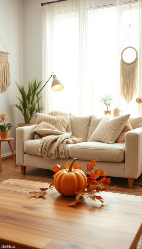 A cozy and minimalist living space designed for seasonal adaptation, featuring warm colors and natural materials. The foreground displays a simple wooden coffee table adorned with seasonal decorations like a small pumpkin and autumn leaves, conveying a sense of tranquility. In the middle, a comfortable sofa dressed in soft textiles complements a knitted throw and cushions, with a chic floor lamp emitting a soft, inviting light. The background showcases a bright, airy window with sheer curtains gently swaying, allowing natural light to flood the room. Subtle DIY elements like a handmade wall hanging and potted plants add an authentic touch. The overall mood is serene and inspiring, perfect for a Pinterest aesthetic. Created by KlickKiste.
