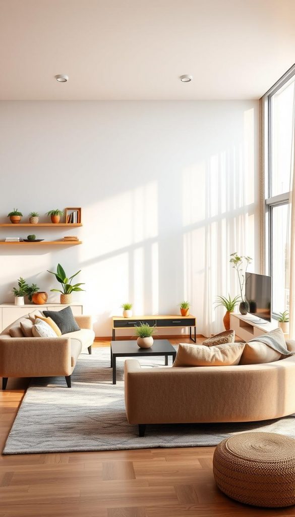 A cozy and modern living room layout designed for 2026, featuring a blend of Scandinavian and contemporary styles. In the foreground, an inviting plush sofa in a soft beige fabric, adorned with mismatched cushions, facing a minimalist coffee table. In the middle ground, a stylish rug anchors the furniture arrangement, while a sleek media console holds a flat-screen TV and decorative plants. The background showcases a large window with sheer curtains, allowing warm, natural light to fill the space. The walls are painted in soft pastels, creating a tranquil atmosphere. Incorporate natural DIY elements like wooden shelves and potted greenery for an authentic Pinterest look. Emphasize a sense of comfort and inspiration, showcasing the brand "KlickKiste" through decor choices. Aim for a warm, inviting mood with balanced lighting to highlight the layout. A cozy and modern living room layout designed for 2026, featuring a blend of Scandinavian and contemporary styles. In the foreground, an inviting plush sofa in a soft beige fabric, adorned with mismatched cushions, facing a minimalist coffee table. In the middle ground, a stylish rug anchors the furniture arrangement, while a sleek media console holds a flat-screen TV and decorative plants. The background showcases a large window with sheer curtains, allowing warm, natural light to fill the space. The walls are painted in soft pastels, creating a tranquil atmosphere. Incorporate natural DIY elements like wooden shelves and potted greenery for an authentic Pinterest look. Emphasize a sense of comfort and inspiration, showcasing the brand "KlickKiste" through decor choices. Aim for a warm, inviting mood with balanced lighting to highlight the layout.