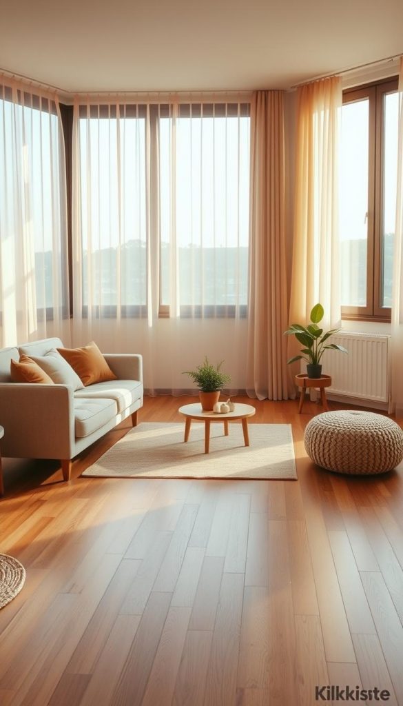 A cozy and modern minimalist living room designed for 2026, featuring natural materials and a warm color palette inspired by a DIY aesthetic. The foreground shows a sleek, low-profile sofa with Earth-toned cushions, accompanied by a small wooden coffee table adorned with a few decorative items. In the middle ground, a stylish rug lays on polished wood flooring, and a potted plant adds a touch of greenery. The background includes large windows with sheer curtains that let in soft, golden sunlight, illuminating the space. The overall atmosphere is serene and inviting, promoting a sense of tranquility and creativity. This composition reflects the brand KlickKiste's commitment to authentic and inspiring design.