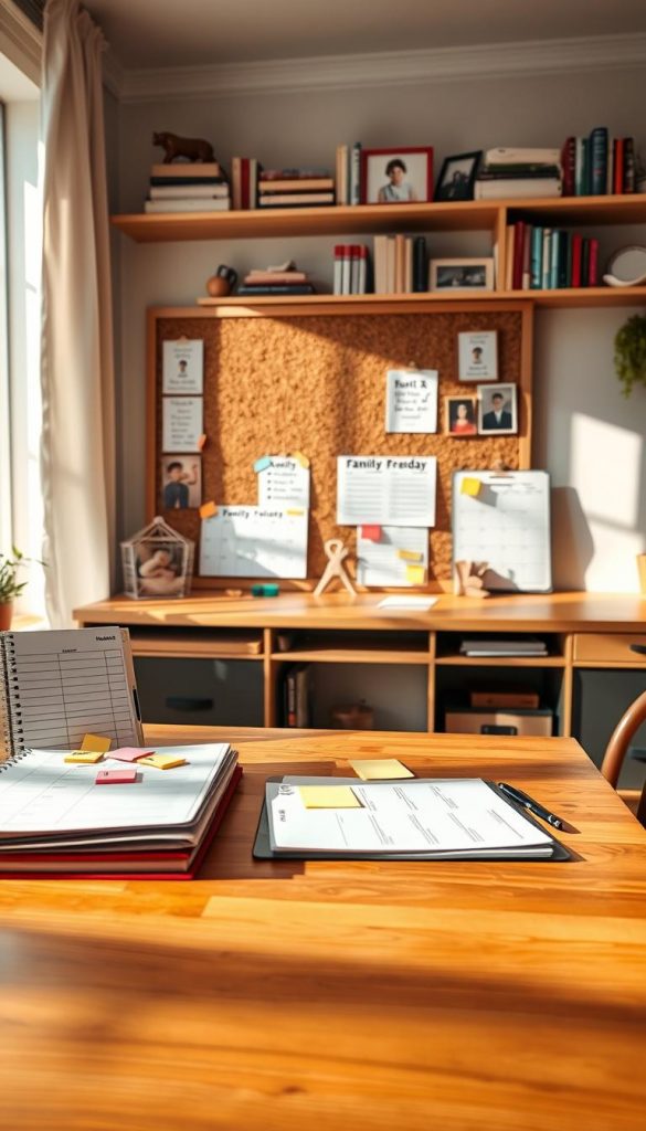 A cozy and organized family command station is set in a warm, inviting home office. In the foreground, a polished wooden desk features neatly arranged planners, colorful sticky notes, and a family calendar, exuding a sense of structure. In the middle ground, a large corkboard displays family rules and simple templates, visually conveying orderliness. The background showcases a softly lit room with shelves filled with books and family photos, fostering an atmosphere of warmth and connection. Natural sunlight streams through a window, casting gentle shadows across the space. The overall mood is calm and inspiring, reflecting the importance of organization in family life. Designed in a Pinterest-style aesthetic, the image should represent the brand "KlickKiste" in visually appealing, harmonious colors.