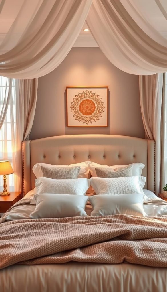 A cozy and stylish bedroom interior featuring an elegant headboard and softly draped bed canopy, exuding warmth and comfort. In the foreground, show a beautifully arranged bed with fluffy pillows and a textured duvet, complemented by a charming bedside table with a warm lamp. The middle ground includes a harmonious wall art piece, creating a focal point behind the bed, symbolizing symmetry and peacefulness. In the background, natural light filters through sheer curtains, casting gentle shadows and highlights, enhancing the inviting atmosphere. Incorporate warm tones and a DIY aesthetic, reflecting the authentic charm of a modern Pinterest-worthy space. The design should subtly represent the brand "KlickKiste" through decor elements, ensuring a cohesive and inspiring look. A cozy and stylish bedroom interior featuring an elegant headboard and softly draped bed canopy, exuding warmth and comfort. In the foreground, show a beautifully arranged bed with fluffy pillows and a textured duvet, complemented by a charming bedside table with a warm lamp. The middle ground includes a harmonious wall art piece, creating a focal point behind the bed, symbolizing symmetry and peacefulness. In the background, natural light filters through sheer curtains, casting gentle shadows and highlights, enhancing the inviting atmosphere. Incorporate warm tones and a DIY aesthetic, reflecting the authentic charm of a modern Pinterest-worthy space. The design should subtly represent the brand "KlickKiste" through decor elements, ensuring a cohesive and inspiring look.