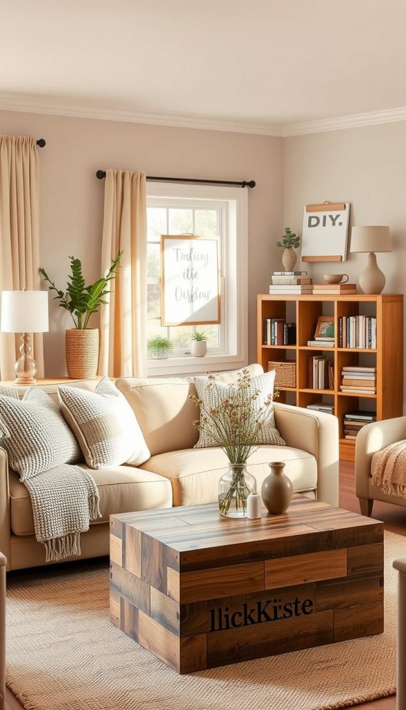 A cozy and stylish budget-friendly living room designed for 2026, featuring warm, inviting colors like soft beige, muted greens, and pastel accents. In the foreground, a comfortable, well-placed sofa adorned with affordable, textured throw pillows and a simple knitted blanket. A stylish coffee table made from reclaimed wood sits invitingly, showcasing a vase with fresh flowers. In the middle ground, a tasteful bookshelf filled with books and decorative items, along with a DIY wall art piece that embodies a Pinterest aesthetic. In the background, a window allows natural light to stream in, casting a warm glow over the room. The atmosphere is cheerful and inspiring, reflecting a blend of comfort and sophistication, with hints of the brand KlickKiste subtly integrated into decor elements.