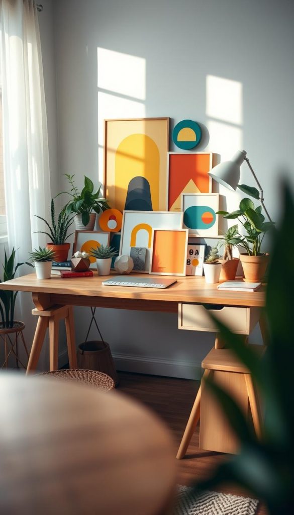 A cozy and stylish desk arrangement showcasing a blend of Scandinavian and maximalist aesthetics. In the foreground, a clean, minimalist wooden desk adorned with a vibrant array of decor items, including colorful art prints, potted plants, and geometric shapes. The middle layer features a dynamic color palette with warm tones—soft yellows, earthy greens, and soothing blues—that evoke a sense of creativity and inspiration. The background should be a softly lit, inviting room with natural light streaming through a window, casting gentle shadows. Use a shallow depth of field to focus on the desk while creating a bokeh effect in the background. The overall atmosphere should be authentic and inspirational, embodying the essence of “KlickKiste” with a Pinterest-like appeal of DIY charm. A cozy and stylish desk arrangement showcasing a blend of Scandinavian and maximalist aesthetics. In the foreground, a clean, minimalist wooden desk adorned with a vibrant array of decor items, including colorful art prints, potted plants, and geometric shapes. The middle layer features a dynamic color palette with warm tones—soft yellows, earthy greens, and soothing blues—that evoke a sense of creativity and inspiration. The background should be a softly lit, inviting room with natural light streaming through a window, casting gentle shadows. Use a shallow depth of field to focus on the desk while creating a bokeh effect in the background. The overall atmosphere should be authentic and inspirational, embodying the essence of “KlickKiste” with a Pinterest-like appeal of DIY charm.
