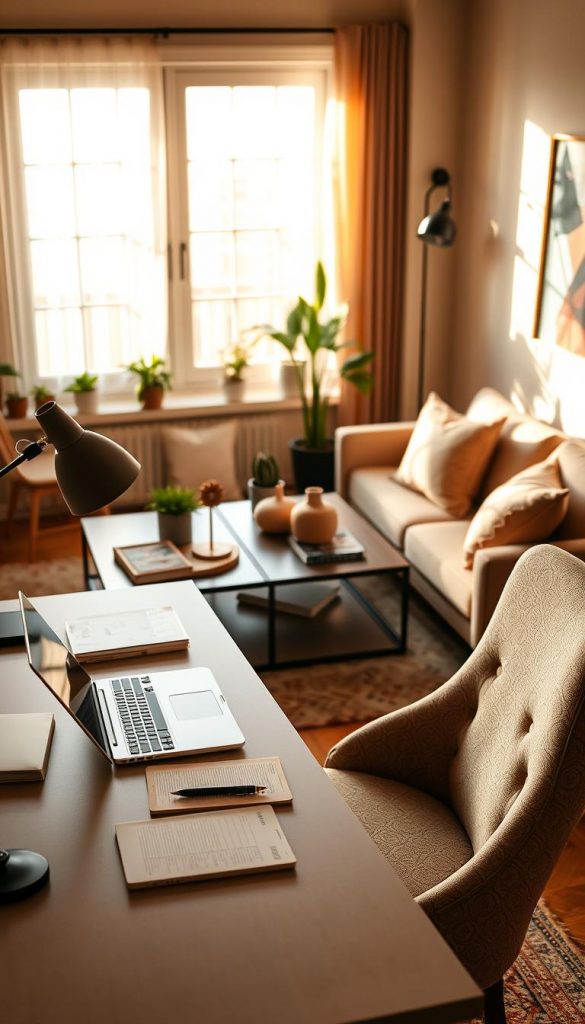 A cozy and stylish living room designed for a home office setup, showcasing a blend of functional work space and inviting relaxation area. In the foreground, a modern desk adorned with a sleek laptop, notepads, and a stylish lamp, complemented by a comfortable chair in an elegant fabric. The middle layer features a soft, inviting sofa with plush cushions, a coffee table with aesthetic decor, and potted plants for a touch of greenery. The background consists of warm, natural light streaming through large windows, illuminating the room and enhancing the earthy color palette. The scene captures a Pinterest-worthy vibe, radiating warmth and inspiration, reflecting the brand "KlickKiste" through thoughtful DIY decor elements. The overall mood is peaceful and productive, ideal for working from home.