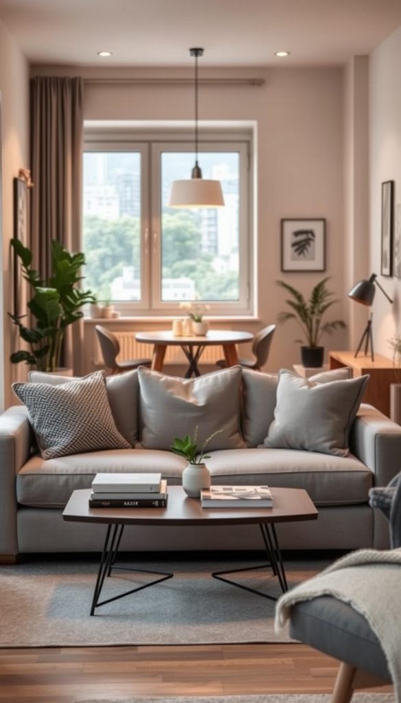 A cozy and stylish living room layout for rental apartments, featuring a small space design that maximizes comfort and functionality on a budget. In the foreground, showcase a minimalist sofa adorned with textured cushions, accompanied by a chic coffee table filled with decorative books and a small plant. The middle ground includes a compact dining area with a stylish table and mismatched chairs, illuminated by warm, ambient lighting. In the background, a serene window offers a view of a lush urban landscape, enhancing the atmosphere with natural light. The overall mood is welcoming and inspiring, reflecting DIY charm with warm tones and a Pinterest-worthy aesthetic. Include elements that suggest a personalized touch, like unique artwork and handmade decor. The style should resonate with the brand "KlickKiste" and evoke a sense of warmth and authenticity. A cozy and stylish living room layout for rental apartments, featuring a small space design that maximizes comfort and functionality on a budget. In the foreground, showcase a minimalist sofa adorned with textured cushions, accompanied by a chic coffee table filled with decorative books and a small plant. The middle ground includes a compact dining area with a stylish table and mismatched chairs, illuminated by warm, ambient lighting. In the background, a serene window offers a view of a lush urban landscape, enhancing the atmosphere with natural light. The overall mood is welcoming and inspiring, reflecting DIY charm with warm tones and a Pinterest-worthy aesthetic. Include elements that suggest a personalized touch, like unique artwork and handmade decor. The style should resonate with the brand "KlickKiste" and evoke a sense of warmth and authenticity.