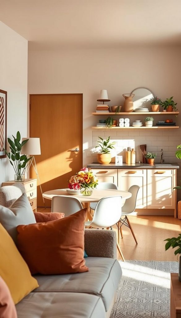 A cozy and stylish rental apartment interior designed for small spaces on a modest budget. In the foreground, feature a comfortable living area with a tasteful mix of natural wood furniture and soft textiles in warm colors, highlighting a colorful DIY accent wall. In the middle, include a small dining nook with a round table surrounded by chic, minimalist chairs, adorned with a vibrant centerpiece of flowers. In the background, showcase a well-organized kitchen area with open shelves displaying curated dishes and plants for a homely feel. Soft, natural lighting filters through a window, casting gentle shadows. The overall atmosphere should be inviting and inspiring, reflecting a Pinterest-worthy aesthetic. Incorporate subtle branding for "KlickKiste" in the decor elements, enhancing the DIY vibe.