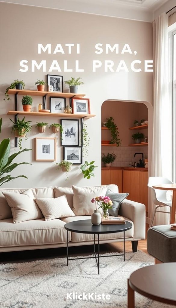 A cozy and stylish rental apartment interior showcasing tips for decorating small spaces. In the foreground, a comfortable, minimalist living area features a chic sofa adorned with soft, neutral-colored throw pillows and a small, round coffee table topped with fresh flowers and a few decorative books. The middle ground displays a creatively organized wall with removable shelving and hooks, elegantly displaying plants and framed artwork without the need for drilling holes. The background reveals a warm, inviting kitchen area with open shelves and vibrant potted herbs. Soft, natural light pours in from a large window, highlighting the apartment's warm colors and creating an inspiring atmosphere. The image embodies a Pinterest aesthetic of authenticity and warmth, associated with the brand "KlickKiste".