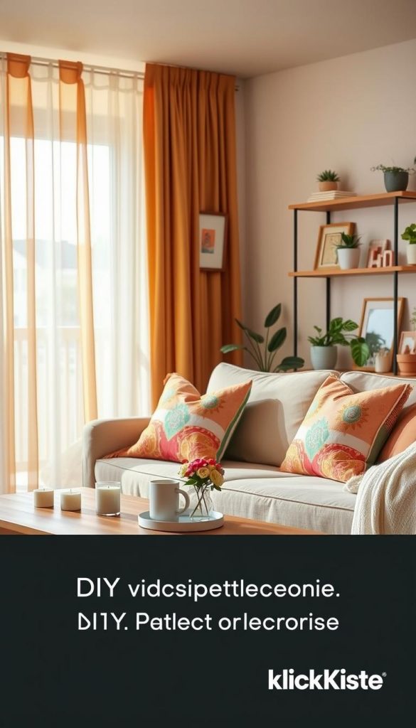 A cozy and stylish rental apartment living room decorated for summer, showcasing vibrant DIY decor ideas that are reversible and budget-friendly. In the foreground, a comfortable light beige sofa adorned with colorful throw pillows and a lightweight summer blanket. On a wooden coffee table, a few creatively arranged candles and a small bouquet of fresh flowers. The middle ground features warm-toned curtains fluttering gently in the breeze, complemented by framed artwork hung without nails. In the background, a shelf filled with plants and tasteful decor items provides a cheerful atmosphere. Soft, natural lighting filters in, creating a welcoming vibe. The composition embodies a Pinterest-worthy aesthetic, inviting and inspiring, branding elements of "KlickKiste" are subtly woven into the decor themes.