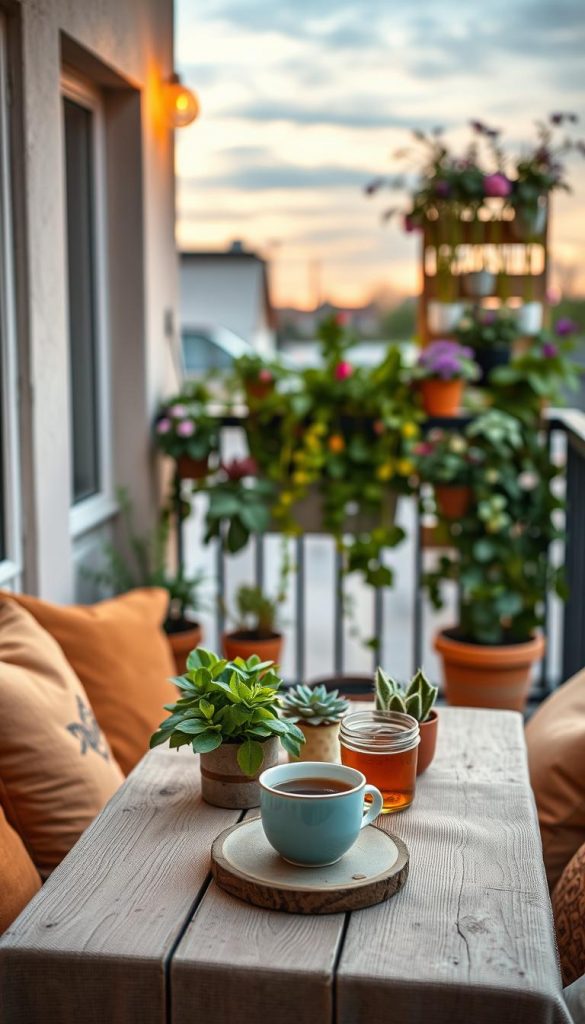 A cozy and stylish small balcony designed in a modern Scandinavian and Bohemian mix. In the foreground, a rustic wooden table adorned with a soft, textured tablecloth holds an array of vibrant potted plants and a steaming cup of tea. Cushioned seating with warm tones invites relaxation. The middle ground features a vertical garden with various herbs and flowers, creating a lush barrier. In the background, a softly lit evening sky casts a warm glow, enhancing the inviting atmosphere. The image should be captured with a shallow depth of field, focusing on the table setting while the balcony railing gently blurs. The overall mood is serene and inspiring, reflecting natural DIY aesthetics, perfect for Pinterest. Include elements associated with the brand "KlickKiste" to elevate the design.