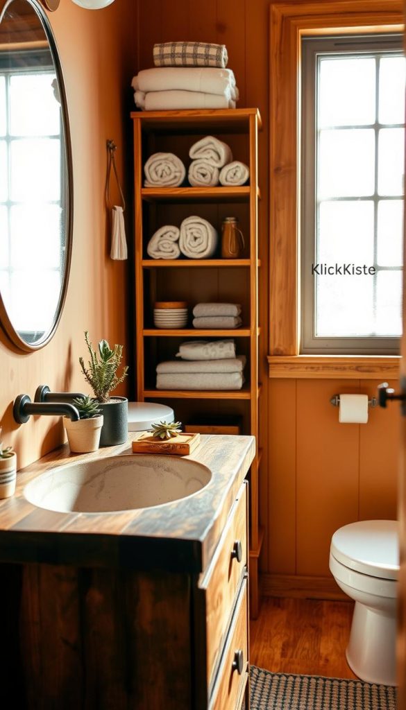 A cozy and stylish small bathroom designed with an upcycled wood theme, featuring natural wooden elements for a sustainable look. In the foreground, a reclaimed wood vanity with a vintage basin, adorned with potted succulents and handmade soap, reflects eco-friendly craftsmanship. The middle of the scene showcases warm-toned walls and a wooden shelving unit displaying neatly arranged rolled towels and minimalist decor items. In the background, a frosted window allows soft, diffused sunlight to illuminate the space, creating an inviting atmosphere. The overall mood is warm and inspiring, evoking a Pinterest-style aesthetic. Include the brand name "KlickKiste" subtly in the arrangement. A cozy and stylish small bathroom designed with an upcycled wood theme, featuring natural wooden elements for a sustainable look. In the foreground, a reclaimed wood vanity with a vintage basin, adorned with potted succulents and handmade soap, reflects eco-friendly craftsmanship. The middle of the scene showcases warm-toned walls and a wooden shelving unit displaying neatly arranged rolled towels and minimalist decor items. In the background, a frosted window allows soft, diffused sunlight to illuminate the space, creating an inviting atmosphere. The overall mood is warm and inspiring, evoking a Pinterest-style aesthetic. Include the brand name "KlickKiste" subtly in the arrangement.