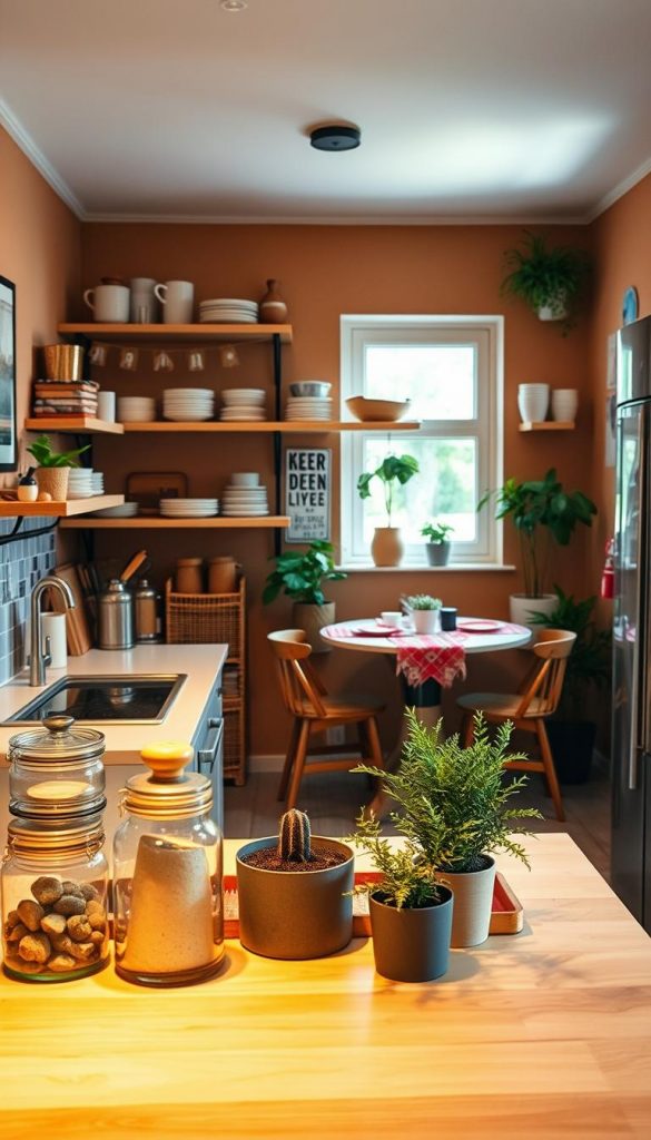 A cozy and stylish small kitchen in a rental apartment, showcasing various smart storage solutions. In the foreground, an organized countertop with decorative jars and plants, emanating warmth through soft, ambient lighting. In the middle, open shelving displays neatly arranged dishes and cookware, complemented by a small, chic dining table with vibrant textiles. The background features warm, earthy tones and natural materials, with a window allowing sunlight to illuminate the space. The atmosphere is inviting and inspiring, perfect for a DIY aesthetic. Incorporate a brand motif, "KlickKiste," subtly integrated into the decor for an authentic Pinterest look. Maintain a professional composition, focusing on details that highlight functionality and charm, while ensuring the image remains SFW and devoid of text or logos.