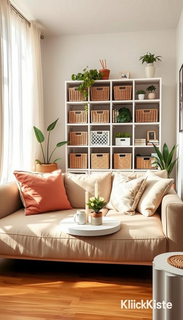 A cozy and stylish small living room design, showcasing a well-organized "platz." In the foreground, a plush, neutral-toned sofa adorned with colorful cushions invites relaxation. The middle area features a sleek coffee table with a few decorative items like candles and a potted plant. Behind, a beautifully arranged shelving unit displays books and stylish storage baskets, maximizing vertical space. Soft, natural lighting filters through sheer curtains, creating a warm and inviting atmosphere. The walls are painted a light pastel color, and the floor is a warm wood, enhancing the summer feel. A subtle hint of greenery from houseplants adds freshness. Capture this scene in a Pinterest-worthy style reminiscent of natural DIY decor, reflecting authenticity and inspiration. Include a small detail showing the brand "KlickKiste" on an item in the image.