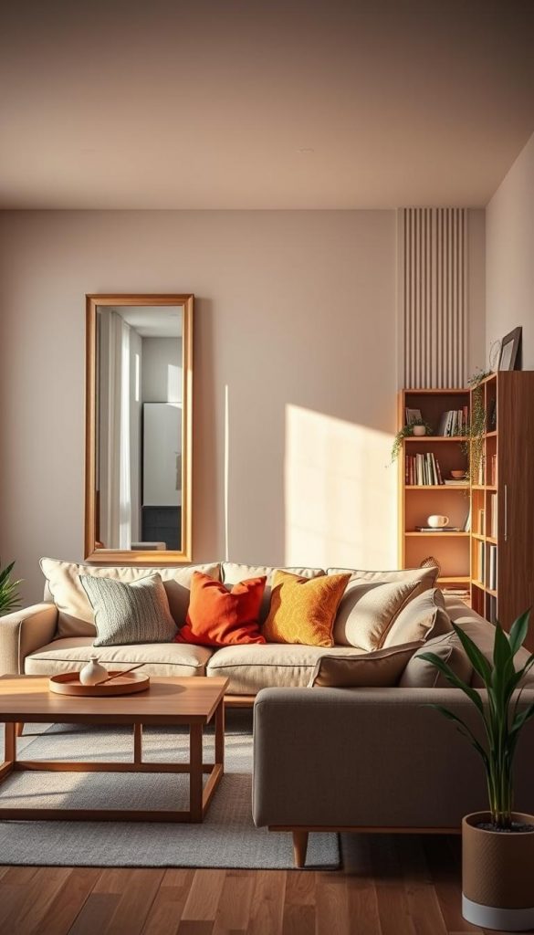 A cozy and stylish small living room designed with a modern aesthetic. In the foreground, include a comfortable, neutral-toned sofa adorned with colorful cushions, paired with a minimalist coffee table made of light wood. In the middle ground, arrange an elegant floor-to-ceiling mirror reflecting natural light, enhancing the room's openness. To the side, a tall bookshelf with vertical lines and decorative plants adds depth. In the background, soft, warm lighting fills the space, creating an inviting atmosphere. The overall color palette should consist of warm, natural tones, promoting a feeling of tranquility and inspiration. This scene encapsulates a "KlickKiste" style, combining authenticity with a touch of effortless elegance, perfect for Pinterest aesthetics.