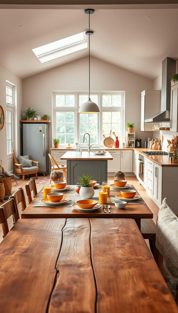 A cozy and stylish "wohnküche" designed for families, featuring a spacious layout with a bright and airy atmosphere. In the foreground, a rustic wooden dining table set for a family meal, adorned with colorful dishes and playful accents. In the middle ground, a modern kitchen island with sleek appliances, open shelving displaying charming kitchenware, and a hint of greenery from potted herbs. The background showcases large windows letting in warm natural light, creating a welcoming ambiance. The overall mood is warm and inviting, reflecting child-friendly elements, such as soft seating and art supplies neatly arranged. The scene embodies inspiration and authenticity, perfect for a Pinterest aesthetic, showcasing the brand "KlickKiste" subtly integrated into the kitchen decor.