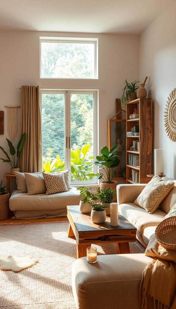 A cozy and sustainable living room designed with natural materials and upcycled decor. In the foreground, a soft, earth-toned couch adorned with handmade cushions sits next to a reclaimed wooden coffee table topped with potted plants and candles. The warm lighting creates a welcoming atmosphere, highlighting the textures of woven rugs and organic wall hangings. In the middle ground, a floor-to-ceiling window brings in natural light, showcasing views of a lush green garden outside. A stylish bookshelf made of recycled wood holds decorative items made from repurposed materials. The background features a serene, light-colored wall with art made from natural fibers. The image conveys a harmonious, eco-friendly vibe, perfectly reflecting the theme of sustainable living as inspired by KlickKiste.