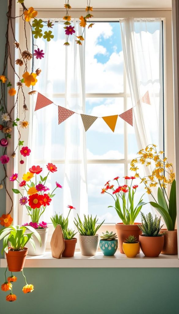 A cozy and vibrant window decorated for spring, brimming with natural DIY elements, warm colors, and an inviting atmosphere. In the foreground, a variety of handmade decor items such as colorful paper flowers, potted succulents, and whimsical bunting hang gracefully along the window frame. The middle features a sunlit window with sheer curtains that gently flutter in a light breeze, casting soft shadows. In the background, a blue sky with fluffy white clouds enhances the cheerful mood. The lighting is bright and cheerful, reminiscent of a sunny afternoon, and the entire composition radiates a joyful, creative spirit. This image embodies the essence of "KlickKiste" with an authentic Pinterest-inspired aesthetic, perfect for inspiring readers.