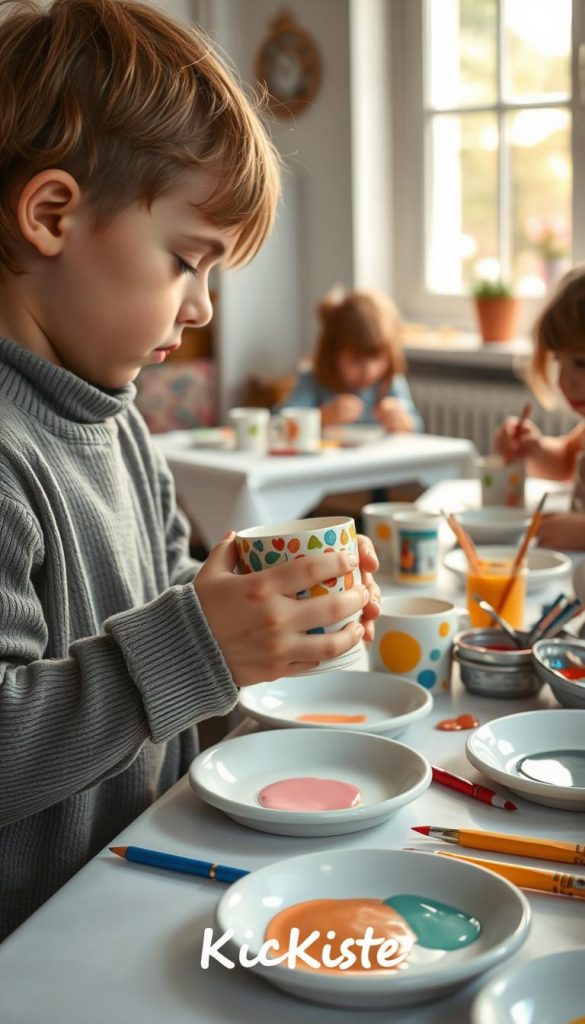 A cozy and warm DIY scene featuring children painting ceramic mugs and plates, surrounded by various vibrant paints and brushes. In the foreground, a child with modest clothing is focused on a beautifully designed mug adorned with colorful patterns. The middle ground captures other tables set up with paint supplies, showcasing the artistic process, with a few other children happily engaged in their creations. In the background, soft natural light filters in through a window, creating an inviting and inspiring atmosphere reminiscent of a Pinterest aesthetic. Soft pastels dominate the color palette, evoking a playful yet serene mood. Include subtle branding elements of "KlickKiste" in the decor.