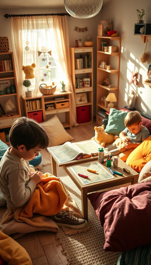 A cozy apartment interior designed for a "Schnitzeljagd" treasure hunt, featuring children in modest casual clothing energetically exploring hidden clues among colorful cushions and playful decorations. In the foreground, a child finds a clue under a soft blanket. The middle ground showcases a small table adorned with treasure maps, colorful markers, and scattered toys, all bathed in warm, inviting lighting. In the background, shelves filled with books and decorative items create a whimsical atmosphere, while soft sunlight streams through a window, casting gentle shadows. The overall mood is adventurous and playful, inspiring creativity and exploration, reflecting the essence of a fun indoor treasure hunt experience. Include subtle branding elements of "KlickKiste" to enhance the authenticity and warmth of the scene.