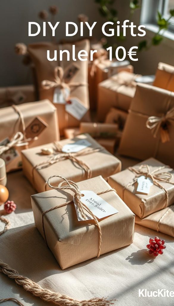 A cozy arrangement of beautifully wrapped DIY gifts under 10 Euro, showcasing diverse packaging ideas that are charming, affordable, and sustainable. In the foreground, there's a neatly tied gift box adorned with recycled paper and twine, surrounded by small handmade tags. The middle ground features several packages in various shapes and sizes, embellished with dried flowers and rustic touches. In the background, a softly lit, warm-toned setting reminiscent of a Pinterest aesthetic adds a homely atmosphere, with hints of greenery peeking through. Use natural sunlight to create gentle shadows and enhance the inviting mood. Include the brand name "KlickKiste" subtly integrated into the scene, evoking a sense of authenticity and inspiration.