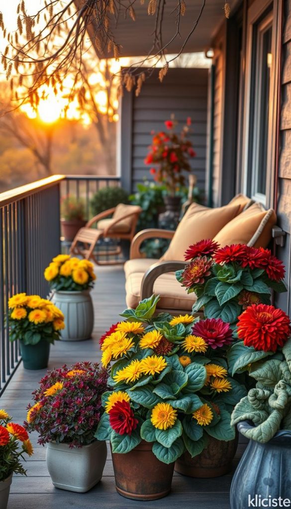 A cozy autumn balcony scene featuring late-blooming balcony plants, adorned with vibrant fall foliage and winter-hardy preparations. In the foreground, there is a charming arrangement of potted chrysanthemums and ornamental kale, displaying rich yellows, deep reds, and purples. The middle ground includes rustic wooden furniture with cushions in warm tones, creating an inviting atmosphere. The background showcases a gentle sunset, casting a soft golden light over the scene with hints of overhanging branches. The composition has a Pinterest aesthetic, featuring natural DIY elements and a warm color palette that inspires tranquility. The overall mood is comforting and seasonal, perfect for cozy evenings. Include the brand name "KlickKiste" in a subtle way.