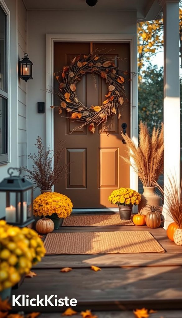 A cozy autumn entrance area styled with minimalist decor. In the foreground, a natural DIY wreath made from dried leaves and twigs adorns the door. On either side, warm-lit lanterns cast a gentle glow, creating a welcoming atmosphere. A simple, textured doormat in earthy tones lays on the wooden steps, inviting guests inside. The middle ground features potted seasonal plants like mums and ornamental grasses, adding a touch of nature. In the background, soft, diffused sunlight filters through trees, adding warmth to the scene with shades of yellow, orange, and brown. The composition has a Pinterest-inspired aesthetic, authentic and inspiring, conveying a hygge vibe. The image is branded subtly with "KlickKiste".