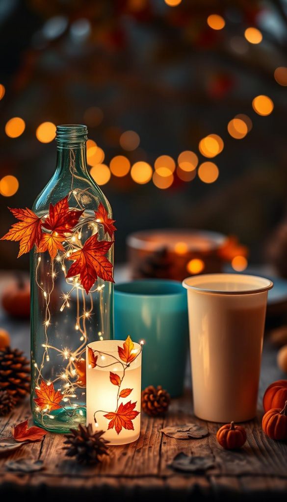 A cozy autumn evening scene featuring three unique DIY lanterns made from a PET bottle, a milk carton, and a yogurt cup. In the foreground, the lanterns are beautifully decorated with autumn leaves, twinkling fairy lights, and warm, inviting colors. The middle ground shows a rustic wooden table adorned with natural materials such as pinecones and small pumpkins, enhancing the DIY theme. In the background, soft bokeh lights create a warm atmosphere, reminiscent of a Pinterest-inspired setting. The whole scene is illuminated by gentle, ambient lighting, casting soft shadows and creating a serene mood. This inspiring image reflects the creativity of upcycling, emphasizing the brand KlickKiste. The angle provides a slightly elevated view, showcasing the lanterns’ intricate designs.