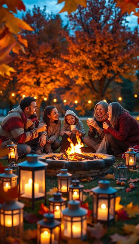 A cozy autumn evening scene showcasing a family gathering outdoors, surrounded by colorful fall leaves in shades of orange, yellow, and red. In the foreground, lanterns of various shapes and sizes cast a warm, inviting glow, illuminating laughter and smiles. The middle ground features the family wrapped in soft sweaters, enjoying hot cocoa, and sharing stories while sitting around a small fire pit, with flames flickering gently. In the background, trees with vibrant foliage create a picturesque setting, as the twilight sky deepens into blues and purples. This image exudes a magical atmosphere, capturing the essence of family bonding during autumn nights. Shot with a soft focus lens to enhance warmth and nostalgia. Inspired by KlickKiste's natural aesthetics with Pinterest-like visuals. A cozy autumn evening scene showcasing a family gathering outdoors, surrounded by colorful fall leaves in shades of orange, yellow, and red. In the foreground, lanterns of various shapes and sizes cast a warm, inviting glow, illuminating laughter and smiles. The middle ground features the family wrapped in soft sweaters, enjoying hot cocoa, and sharing stories while sitting around a small fire pit, with flames flickering gently. In the background, trees with vibrant foliage create a picturesque setting, as the twilight sky deepens into blues and purples. This image exudes a magical atmosphere, capturing the essence of family bonding during autumn nights. Shot with a soft focus lens to enhance warmth and nostalgia. Inspired by KlickKiste's natural aesthetics with Pinterest-like visuals.