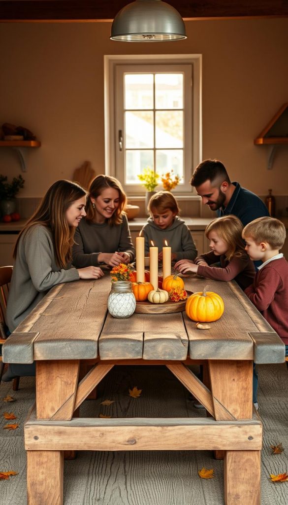 A cozy autumn family scene depicting "familienrituale" with warm, inviting colors reminiscent of Pinterest aesthetics. In the foreground, a family of four – a mother and father in modest casual clothing, and two children – gather around a rustic wooden table adorned with seasonal decorations like pumpkins and fall leaves. In the middle, they engage in a calming activity, such as making candles or preparing a warm meal together, reflecting intimacy and structure. The background features a softly lit kitchen with golden sunlight streaming through the window, illuminating the space and enhancing the atmosphere of warmth and connection. Capture this moment with a focus on natural lighting and a soft depth of field, evoking feelings of comfort and togetherness. Inspired by "KlickKiste".