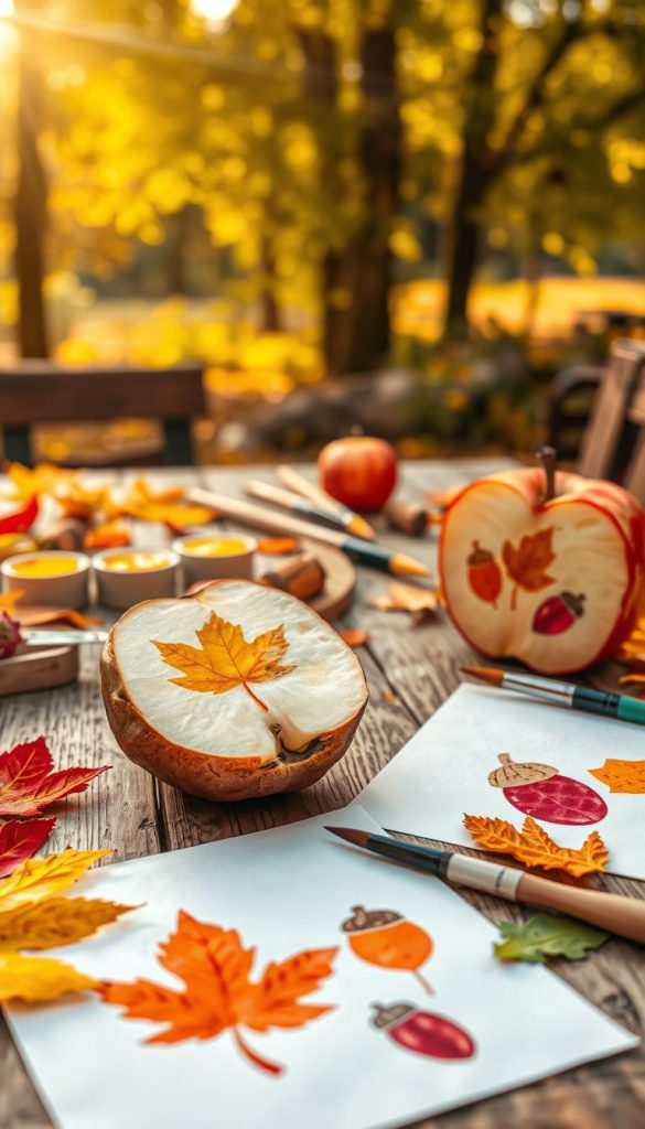 A cozy autumn-inspired craft scene featuring natural DIY elements, showcasing "kartoffeldruck" and "apfelstempel" using warm, inviting colors. In the foreground, prominently display a freshly cut potato and a bright red apple, both with clear, vibrant imprints of fall leaves and acorns on soft, textured paper. The middle ground includes a wooden crafting table scattered with paints in rich orange, yellow, and deep red hues, alongside brushes and leaves for additional designs. In the background, soft golden sunlight filters through the trees, creating a warm atmosphere. The setting evokes a feeling of inspiration, perfect for family craft time. The style should reflect an authentic and Pinterest-worthy look, in line with the brand "KlickKiste," inviting creativity and fun in a serene autumn environment.