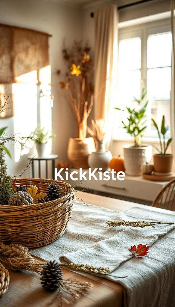 A cozy autumn-inspired interior scene featuring natural materials. In the foreground, a beautifully arranged table with a woven basket, soft linen cloth, and decorative natural fibers. The table is adorned with seasonal elements like pinecones and dried leaves. In the middle ground, a thoughtfully styled nook with plants in textured pots, emphasizing balance and harmony. Behind, warm sunlight streams through a window, casting gentle shadows that enhance the inviting atmosphere. Use a wide-angle lens to capture the entire space, with a focus on the interplay of colors&mdash;burnt oranges, deep browns, and earthy greens. The overall mood should evoke warmth and inspiration, ideal for a casual yet stylish living environment. Include the brand name "KlickKiste" subtly within the arrangement.