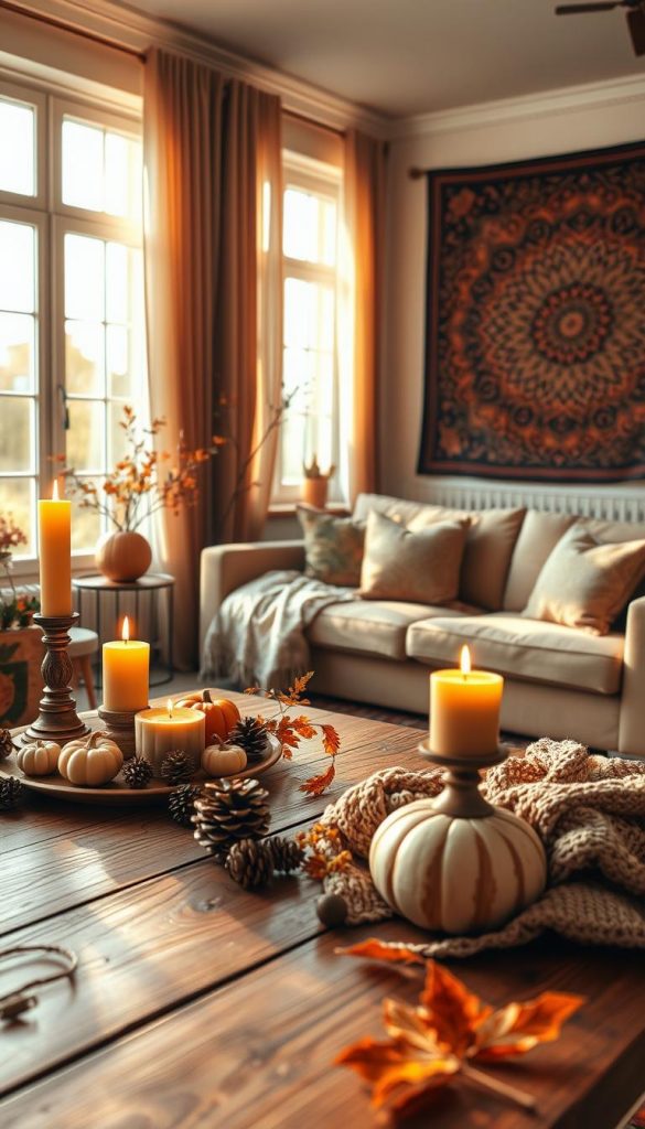 A cozy autumn-inspired living space that showcases the "herbst trendstile" aesthetic, featuring elements of Cozy, Skandi, Boho, Maximalism, and Castlecore. In the foreground, a rustic wooden table adorned with warm-toned candles, a knitted blanket, and seasonal decor such as pumpkins and pinecones. The middle ground features a comfortable sofa in soft earth tones decorated with patterned cushions, and a vibrant tapestry hanging on the wall. The background includes large, warmly lit windows draped with sheer curtains, allowing golden afternoon sunlight to illuminate the scene. The overall atmosphere is inviting and inspiring, embodying a Pinterest-like DIY charm. The colors are rich and warm, emphasizing deep oranges, rust, and earthy greens. This image represents the artistic essence of "KlickKiste," designed to inspire viewers with natural, homemade decorations.
