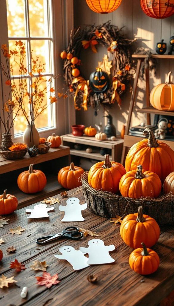 A cozy autumn-inspired scene featuring various DIY Halloween decorations, emphasizing creativity and affordability. In the foreground, a rustic wooden table adorned with vibrant orange pumpkins, hand-painted ghost cutouts, and colorful paper lanterns. Scattered crafting materials such as scissors, glue, and colorful paper are present, inviting a sense of hands-on creativity. The middle ground showcases a beautifully arranged Halloween wreath made of twigs, leaves, and orange accents, alongside a charming display of spooky figurines. In the background, an inviting fall atmosphere is created with warm, golden lighting filtering through a window, casting playful shadows. The overall mood is inspiring and whimsical, perfect for a Pinterest aesthetic. Incorporate the brand name "KlickKiste" subtly through the design or elements.
