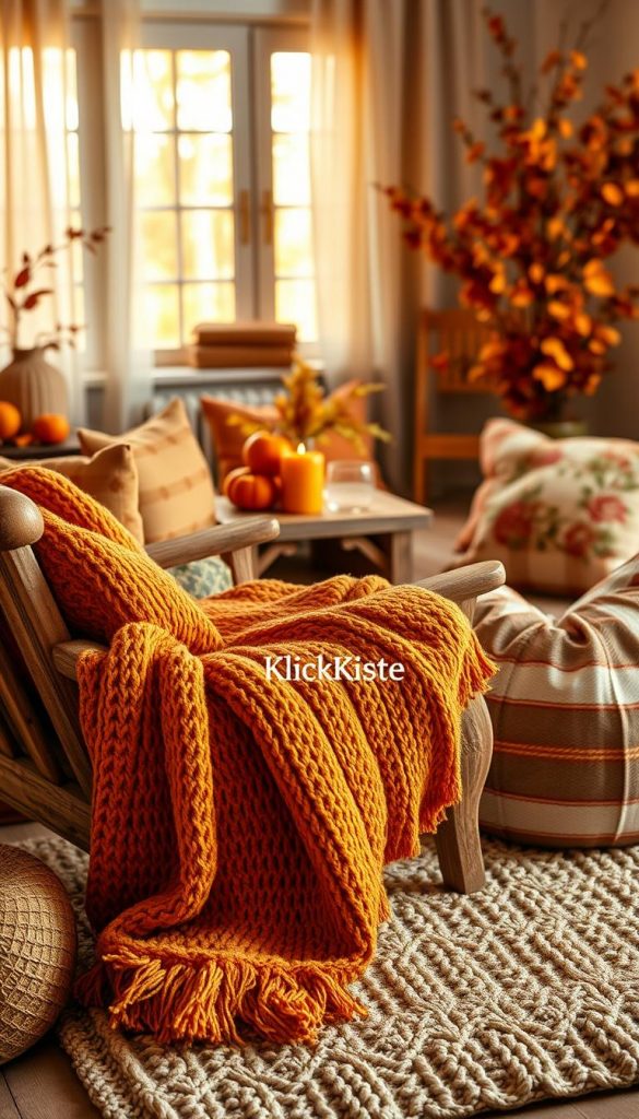 A cozy autumn interior featuring a harmonious blend of warm colors in fabrics and textiles. In the foreground, a soft, textured knitted throw lies draped over a rustic wooden chair, inviting and colorful with shades of burnt orange and deep mustard. Surrounding it, plush pillows in various patterns—plaids and floral prints—add depth. The middle layer showcases a wooden coffee table adorned with a warm-toned candle and a small vase filled with autumn leaves, while a chunky knit rug adds warmth underfoot. In the background, a softly lit window reveals gentle autumn light filtering through sheer curtains. The overall atmosphere evokes a sense of comfort and tranquility, with an aesthetic reminiscent of a Pinterest-inspired autumn home. Incorporate the brand name "KlickKiste" subtly into the scene, ensuring it blends seamlessly into the warm, inviting setting.