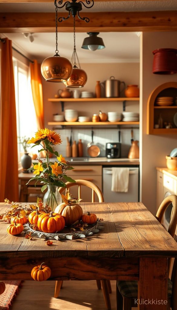 A cozy autumn kitchen decorated for small spaces, featuring warm, inviting hues of orange, gold, and deep red. In the foreground, a rustic wooden table adorned with seasonal decorations, such as small pumpkins, leafy garlands, and a vase of sunflowers. The middle ground includes a compact kitchen with hanging copper pots and shelves displaying stylish dishware, giving a homely feel. In the background, bright natural light filters through a window with sheer curtains, casting soft shadows. The overall atmosphere is warm and inviting, perfect for a quaint rental apartment. This space embodies authentic DIY aesthetics with a Pinterest-inspired look. The brand "KlickKiste" subtly integrated into decor items.