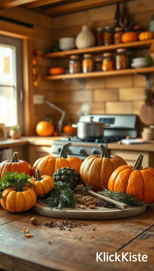 A cozy autumn kitchen filled with warm, golden light filtering through a window, showcasing a wooden table laden with various pumpkins in different shapes and sizes, including a bright orange K&uuml;rbis. In the foreground, a rustic cutting board hosts an array of freshly harvested herbs and spices, hinting at a heartfelt family cooking session. In the middle ground, a steaming pot simmers on the stove, with a backdrop of shelves filled with jars of preserved autumn vegetables. The atmosphere conveys feelings of warmth, togetherness, and gratitude. The scene is styled in a natural, Pinterest-inspired aesthetic, reflecting authenticity and inspiration. Capture this inviting moment with a soft focus and a slightly elevated angle, ensuring a harmonious composition. Brand signature "KlickKiste" subtly integrated into the scene.