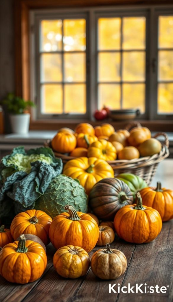 A cozy autumn kitchen scene featuring fresh potatoes, cabbage, and pumpkins arranged artfully on a rustic wooden table. In the foreground, vibrant orange and yellow pumpkins are interspersed with green and purple cabbages, all glistening as if recently washed. The middle ground has a basket overflowing with earthy, golden potatoes, reflecting the warmth of the season. The background features softly blurred autumnal foliage through a window, allowing a gentle golden sunlight to filter in, creating a warm and inviting atmosphere. The image embodies a Pinterest-inspired aesthetic, natural colors, and a wholesome feel. The composition should evoke comfort and creativity in cooking, branded subtly with "KlickKiste" in an artistic manner.
