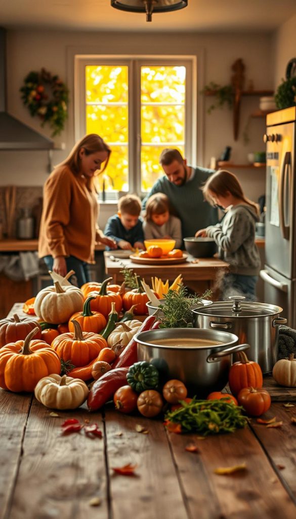 A cozy autumn kitchen scene filled with vibrant seasonal ingredients. In the foreground, a rustic wooden table is adorned with an array of colorful vegetables like pumpkins, squash, and root vegetables, arranged artistically. A pot bubbling gently on the stove emits warm steam, reflecting the inviting atmosphere. In the middle, a family prepares a meal together; adults in modest, casual clothing and children excitedly helping, creating a sense of warmth and collaboration. The background showcases warm, natural lighting streaming through a window with golden leaves outside, enhancing the autumn ambiance. The decor features earth tones and cozy textiles, evoking comfort and inspiration. A hint of the brand name "KlickKiste" subtly integrated into the kitchen decor without standing out. Overall, the mood is inviting, energetic, and family-friendly, embodying the essence of a healthy autumn kitchen. A cozy autumn kitchen scene filled with vibrant seasonal ingredients. In the foreground, a rustic wooden table is adorned with an array of colorful vegetables like pumpkins, squash, and root vegetables, arranged artistically. A pot bubbling gently on the stove emits warm steam, reflecting the inviting atmosphere. In the middle, a family prepares a meal together; adults in modest, casual clothing and children excitedly helping, creating a sense of warmth and collaboration. The background showcases warm, natural lighting streaming through a window with golden leaves outside, enhancing the autumn ambiance. The decor features earth tones and cozy textiles, evoking comfort and inspiration. A hint of the brand name "KlickKiste" subtly integrated into the kitchen decor without standing out. Overall, the mood is inviting, energetic, and family-friendly, embodying the essence of a healthy autumn kitchen.