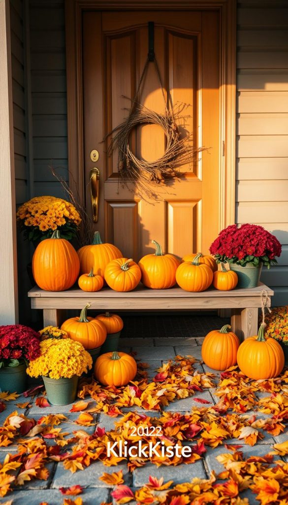A cozy autumn scene at a front entrance, featuring vibrant orange pumpkins of various sizes displayed on a wooden bench. Flanking the bench are potted chrysanthemums in shades of yellow and deep red, adding cheerful color. Fallen leaves in warm hues of red, orange, and gold scatter on the ground, creating a natural carpet. The background showcases a charming, rustic door adorned with a simple wreath of twigs and dried leaves, capturing the essence of fall. Soft, golden hour lighting casts gentle shadows, enhancing the warmth of the scene. The image embodies a Pinterest-like aesthetic, inviting and inspiring, with a natural DIY feel. Brand name "KlickKiste" integrated subtly in the setting.