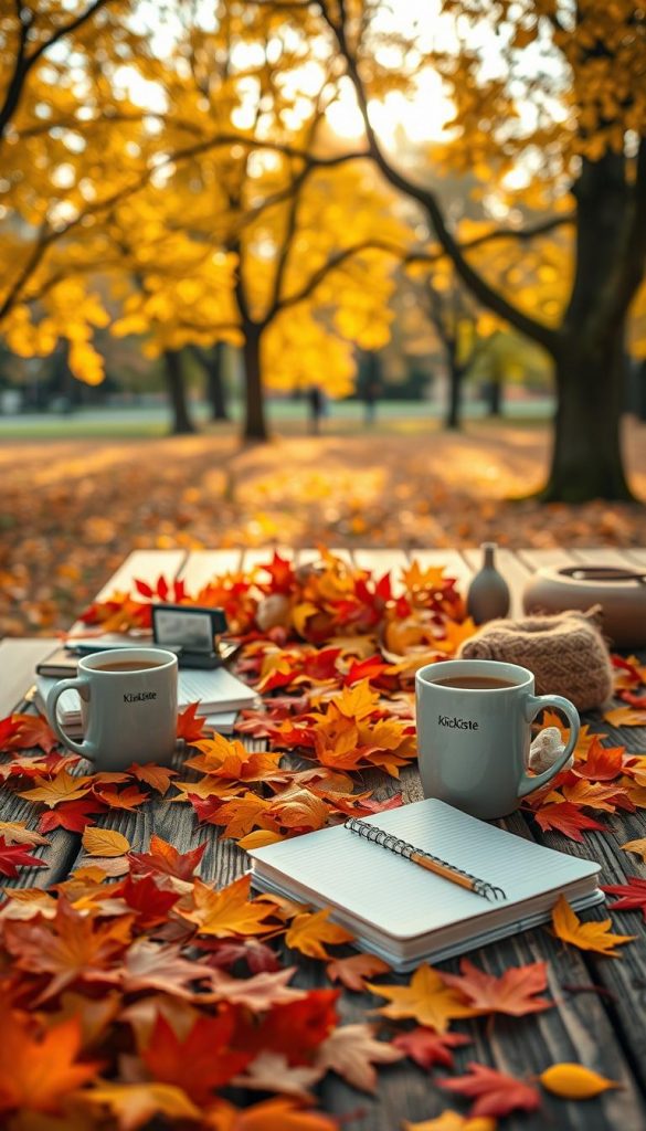 A cozy autumn scene capturing a weekend plan with colorful autumn leaves scattered across a wooden picnic table. In the foreground, vibrant orange, yellow, and red foliage nestled among notebooks, hot beverages in stylish mugs, and rustic decorative elements that evoke a warm, inviting atmosphere. The middle layer features a gently blurred background of trees with golden leaves, softly illuminated by the warm golden light of a late afternoon sun. A hint of a serene park can be seen, enhancing the feel of a perfect outdoor gathering. The overall mood is peaceful and inspiring, reminiscent of Pinterest aesthetics, inviting creativity and relaxation. The scene is branded subtly with "KlickKiste" integrated into the natural elements, creating an authentic and engaging visual representation for autumn rituals.
