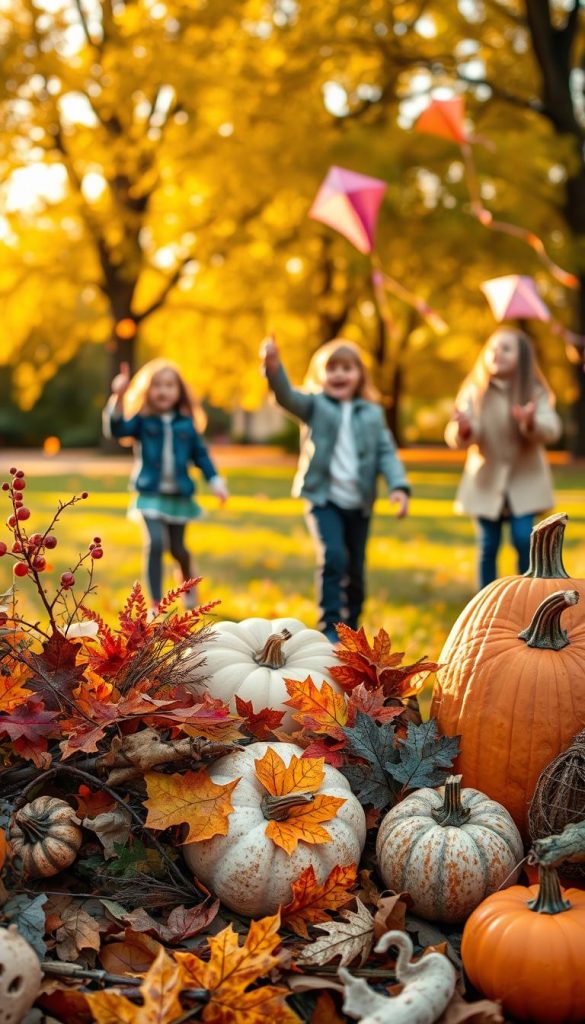 A cozy autumn scene capturing the essence of creativity in fall. In the foreground, a vibrant assortment of handmade crafts made from colorful fall leaves, twigs, and natural materials, accompanied by intricately carved pumpkins. In the middle ground, children in casual clothing are joyfully flying kites, their laughter echoing in the crisp air. The background features a serene park with golden-hued trees, their leaves gently falling. The lighting is warm and soft, reminiscent of a golden sunset, enhancing the inviting atmosphere. This image embodies the inspirational and authentic aesthetic of a Pinterest look, highlighting the brand "KlickKiste". Aim for a depth of field that focuses on the crafts while softly blurring the background, creating a whimsical mood.