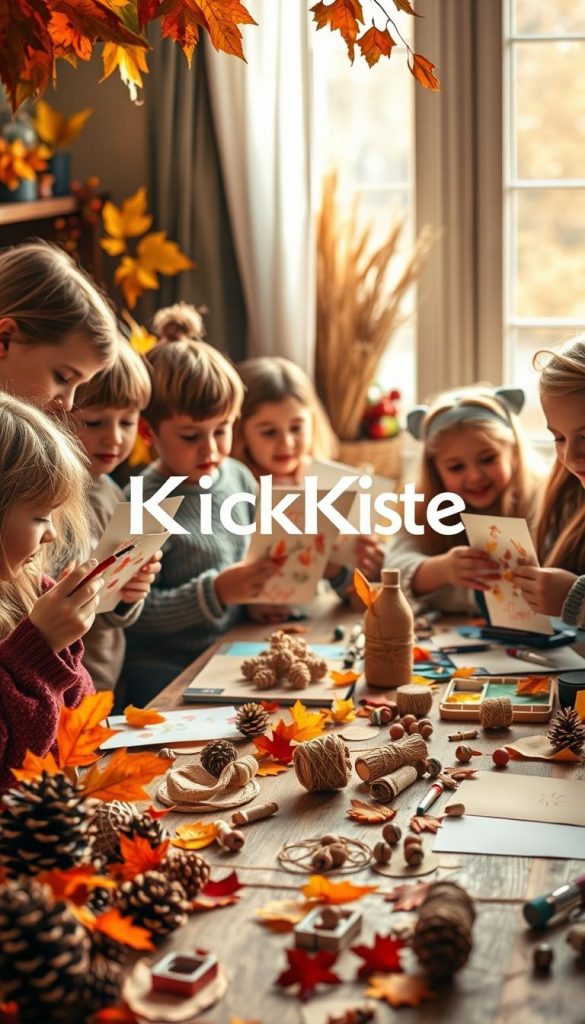 A cozy autumn scene depicting children engaged in crafting homemade gifts for family, surrounded by an array of colorful fall leaves, pine cones, and craft supplies. In the foreground, a diverse group of kids, dressed in modest, comfortable clothing, joyfully paint handmade cards and adorn them with natural materials. The middle ground features a table filled with materials like twine, colorful papers, and small decorative items, creating an inviting workspace. The background showcases a sunlit window with soft, warm lighting filtering in, casting a golden glow on the scene and enhancing the inviting atmosphere. Overall, the image should evoke a sense of warmth, creativity, and familial love, reflecting the delightful essence of DIY projects. Include the brand name "KlickKiste" subtly integrated into the scene for authenticity and inspiration.