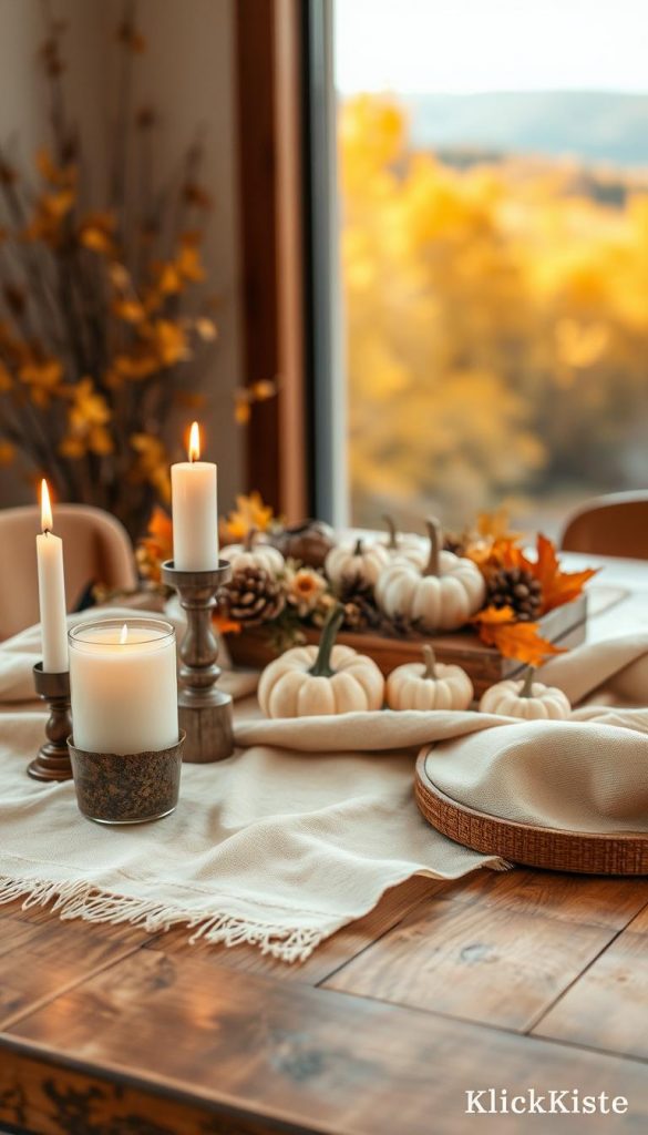 A cozy autumn scene featuring a beautifully arranged decor setup that highlights warm cream and natural tones as a gentle base. In the foreground, a rustic wooden table is adorned with soft textile elements in neutral shades, such as a cream-colored table runner. Delicate candles flicker softly, casting a warm light. In the middle ground, an assortment of seasonal decorations like dried leaves, small pumpkins, and natural elements is artfully arranged, evoking a sense of warmth and comfort. The background showcases a blurred landscape of golden and orange foliage, hinting at a tranquil fall setting. Soft, natural lighting enhances the peaceful atmosphere, captured with a shallow depth of field to emphasize the decor elements. Inspired by a Pinterest aesthetic, this image embodies the essence of DIY autumn decor, branded with "KlickKiste".